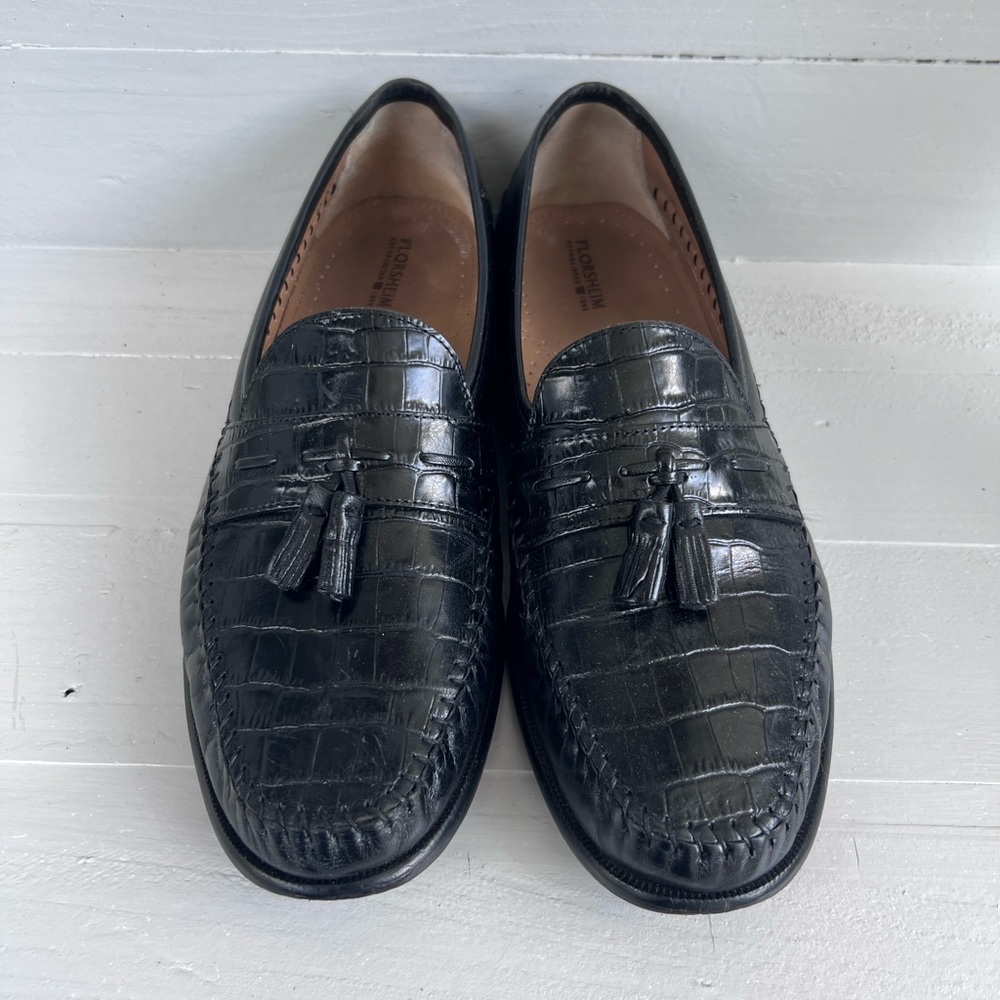 Pisa Florsheim Mens Black Shoes Crocodile Print Leather slip on Sz 12 D 18469